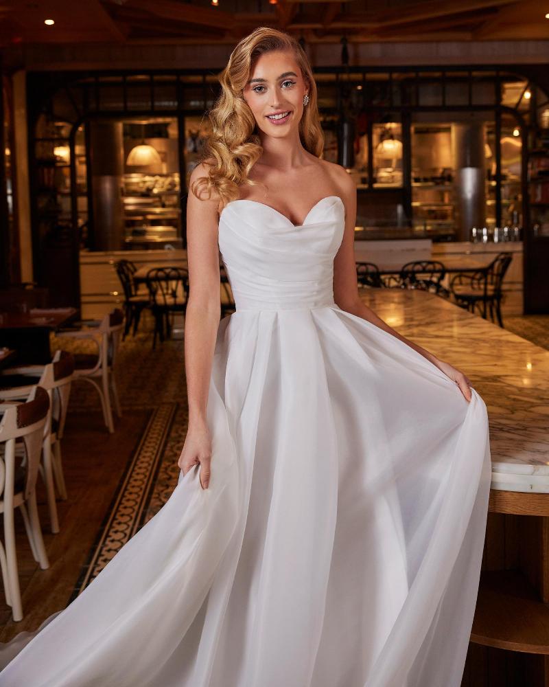 La22243 a line organza wedding dress with sleeves or strapless neckline6